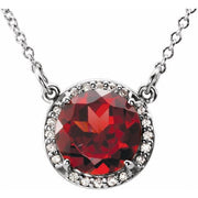 14k White 8 Mm Natural Mozambique Garnet & .05 Ctw Natural Diamond 16' Necklace