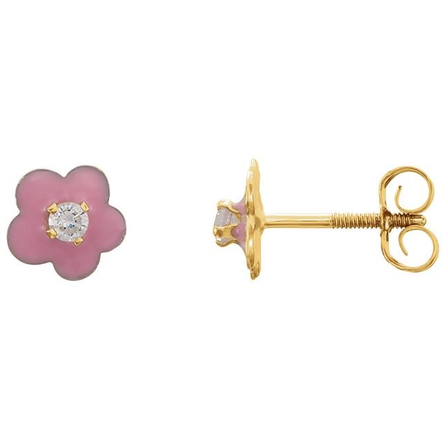14K Yellow 2 mm Imitation White Cubic Zirconia & Pink Enamel Flower Youth Earrings