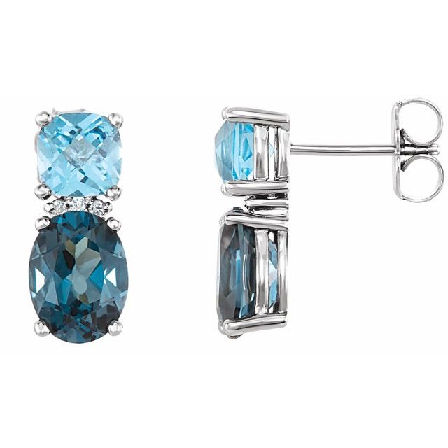 14k White Natural London Blue Topaz, Natural Swiss Blue Topaz & .03 Ctw Natural Diamond Earrings