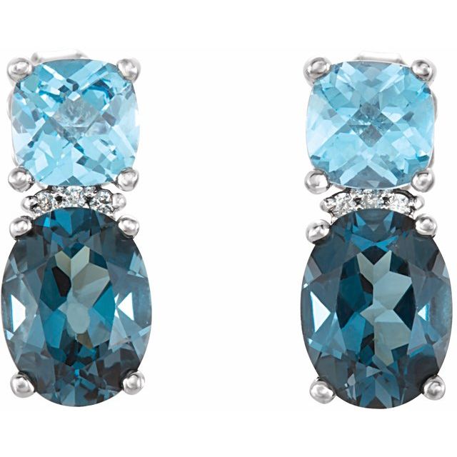 14k White Natural London Blue Topaz, Natural Swiss Blue Topaz & .03 Ctw Natural Diamond Earrings