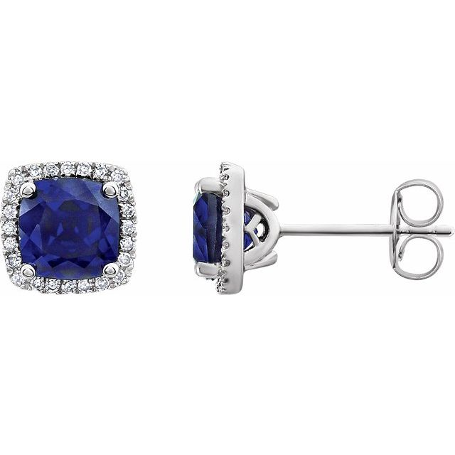 14k White Lab-grown Blue Sapphire & 1/8 Ctw Natural Diamond Earrings