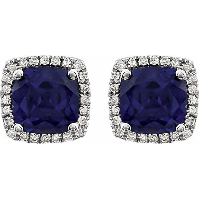 14k White Lab-grown Blue Sapphire & 1/8 Ctw Natural Diamond Earrings