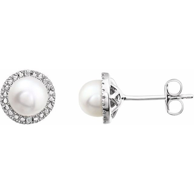 Sterling Silver Cultured White Freshwater Pearl & .01 Ctw Natural Diamond Earrings