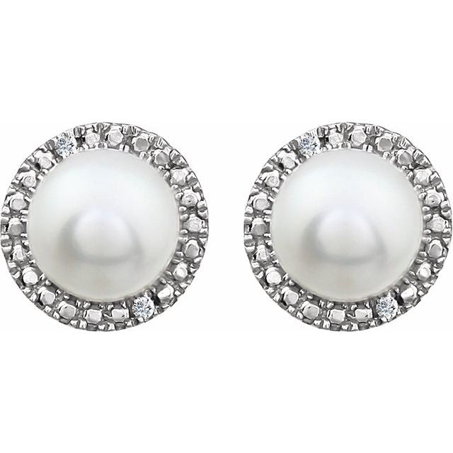 Sterling Silver Cultured White Freshwater Pearl & .01 Ctw Natural Diamond Earrings