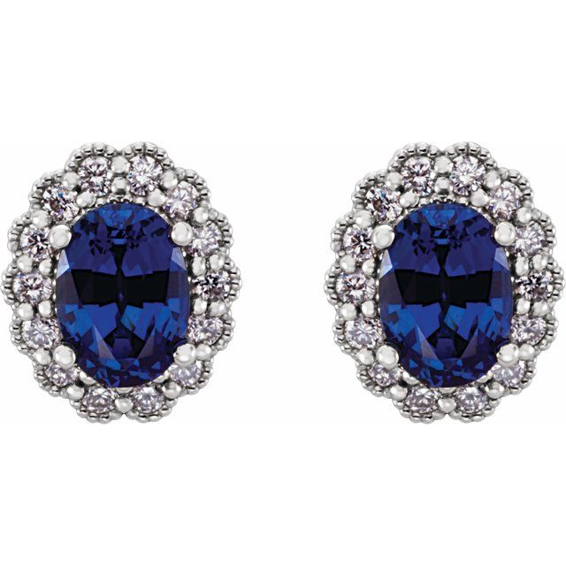14k White Lab-grown Blue Sapphire & 1/3 Ctw Natural Diamond Earrings