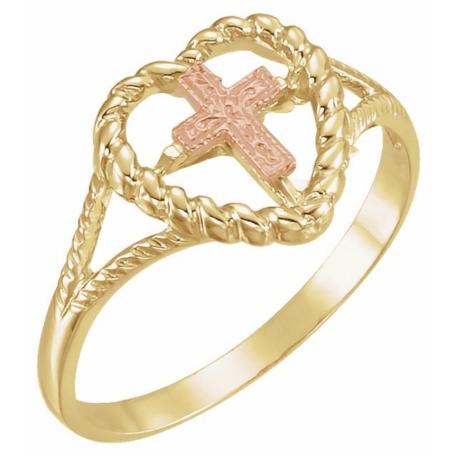 14K Yellow/Rose Heart Cross Ring