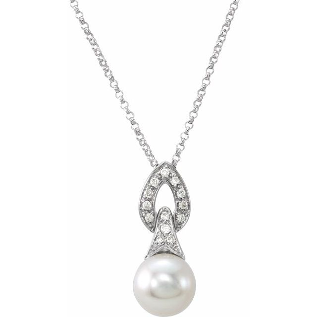 14K White Freshwater White Cultured Pearl & .08 CTW Natural Diamond 18' Necklace