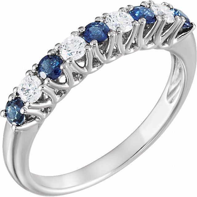 14k White Natural Blue Sapphire & 1/4 Ctw Natural Diamond Anniversary Band Size 7