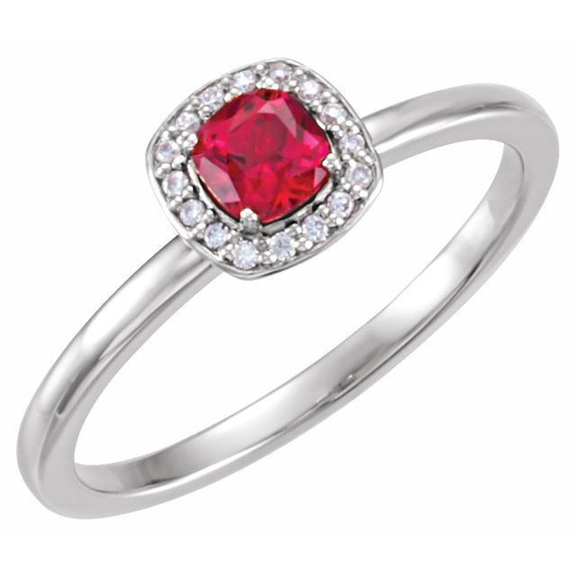 14k White Lab-grown Ruby & .04 Ctw Natural Diamond Halo-style Ring