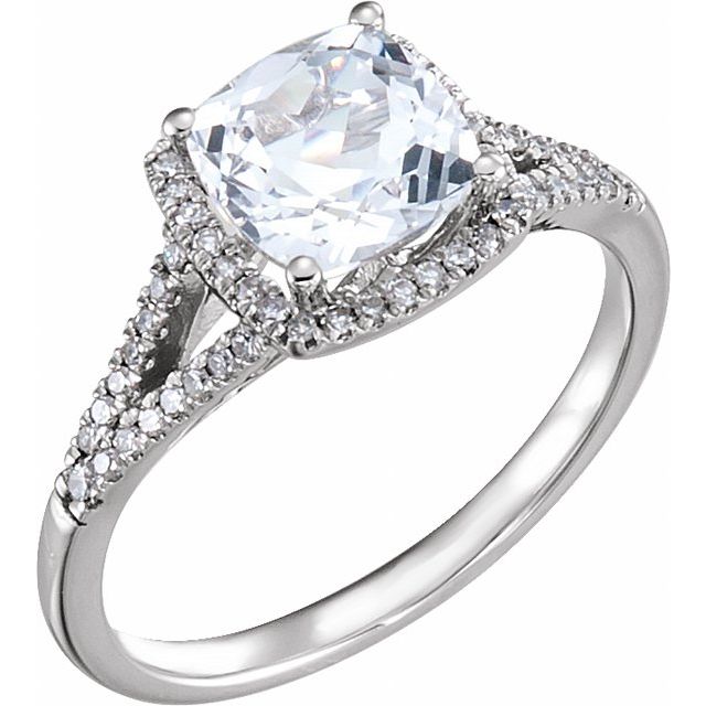 14k White Lab-grown White Sapphire & 1/5 Ctw  Natural Diamond Ring
