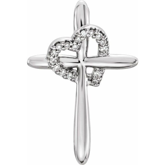 14k White .04 Ctw Natural Diamond Heart & Cross Pendant