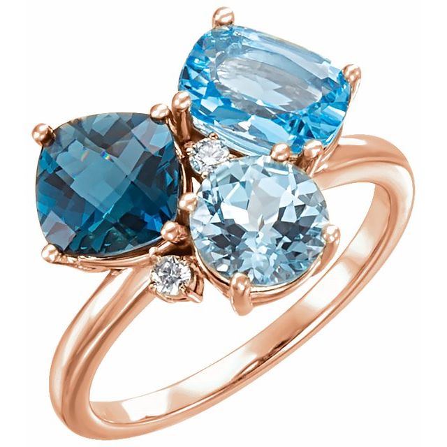 14k Rose Natural Swiss Blue, Natural London Blue, & Natural Sky Blue Topaz & .05 Ctw Natural Diamond Ring