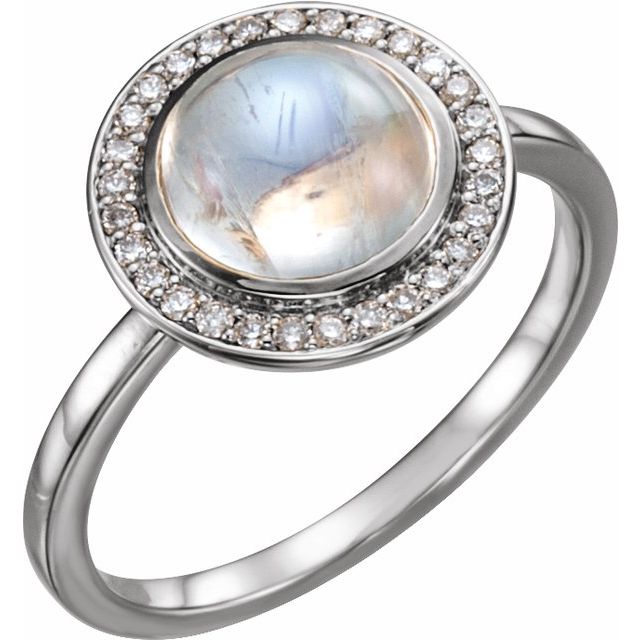 14k White Natural Rainbow Moonstone & 1/8 Ctw Natural Diamond Halo-style Ring