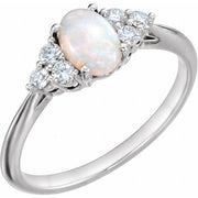 14k White Natural White Opal & 1/6 Ctw Natural Diamond Ring