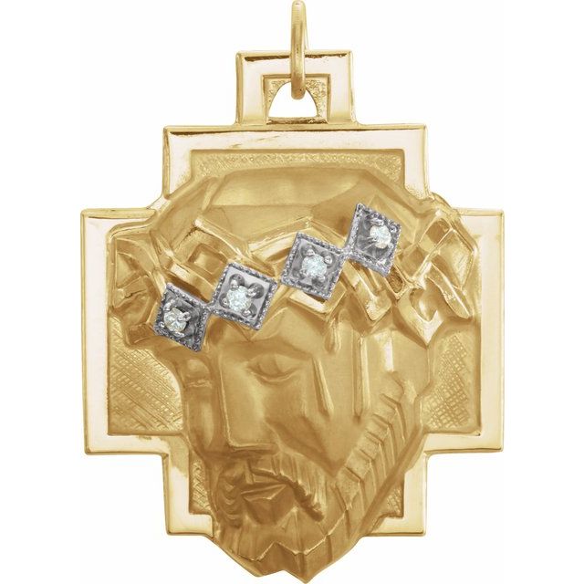 14K Yellow/White .04 CTW Natural Diamond Face of Jesus Crown Cross Pendant