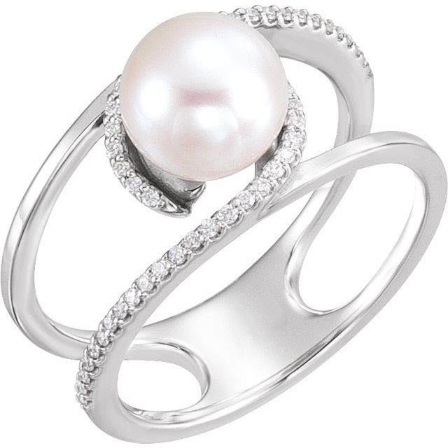 14k White Cultured White Freshwater Pearl & 1/8 Ctw Natural Diamond Ring