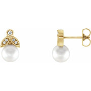 14k Yellow Cultured White Freshwater Pearl & .06 Ctw Natural  Diamond Earrings