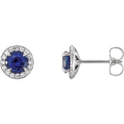 14k White 5 Mm Lab-grown Blue Sapphire & 1/8 Ctw Natural Diamond Earrings