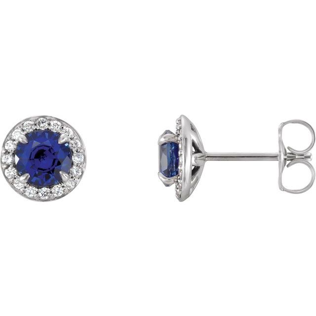 14k White 5 Mm Lab-grown Blue Sapphire & 1/8 Ctw Natural Diamond Earrings