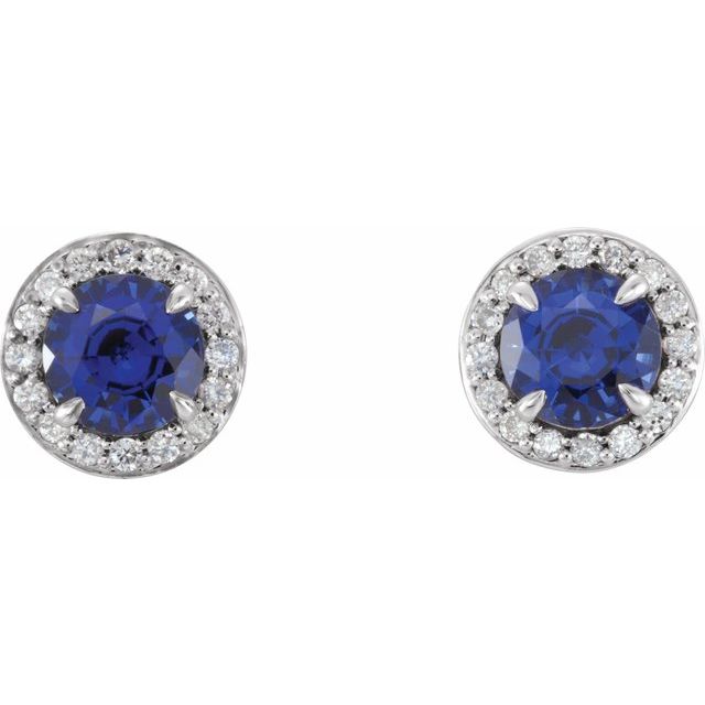 14k White 5 Mm Lab-grown Blue Sapphire & 1/8 Ctw Natural Diamond Earrings