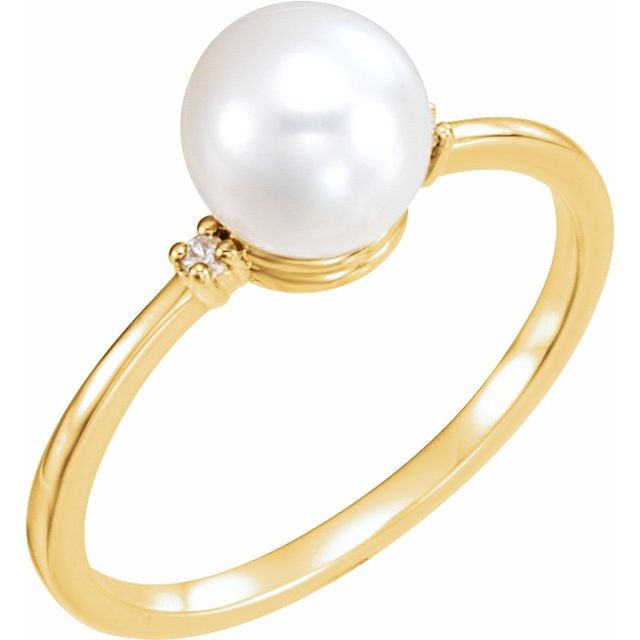 14k Yellow Cultured White Freshwater Pearl & .025 Ctw Natural Diamond Ring