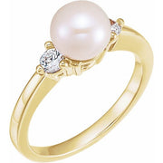 14K Yellow Cultured White Akoya Pearl & 1/6 CTW Natural Diamond Ring