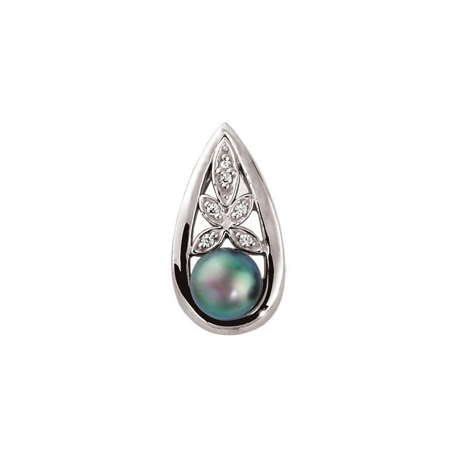 14K White Cultured Black Akoya Pearl & .06 CTW Natural Diamond Pendant