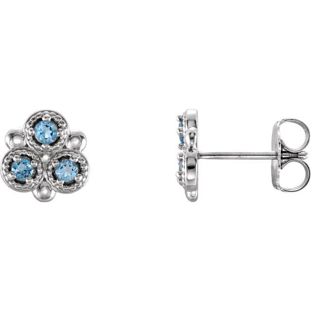 14k White Natural Aquamarine Three-stone Earrings