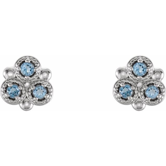 14k White Natural Aquamarine Three-stone Earrings