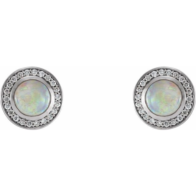 14k White 5 Mm Natural White Opal & 1/6 Ctw Natural Diamond Halo-style Earrings
