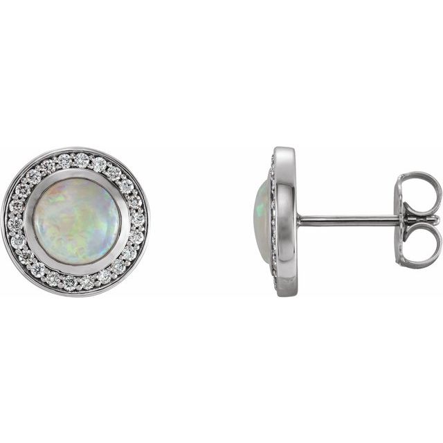 14k White 5 Mm Natural White Opal & 1/6 Ctw Natural Diamond Halo-style Earrings