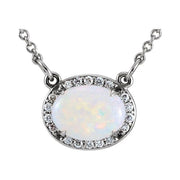 14k White Natural White Opal & .07 Ctw Natural Diamond Halo-style 16 1/2' Necklace
