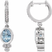 14k White Natural Aquamarine & 1/6 Ctw Natural Diamond Hoop Earrings