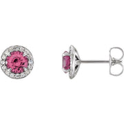 14k White 4 Mm Natural Pink Tourmaline & 1/10 Ctw Natural Diamond Earrings