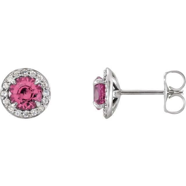 14k White 4 Mm Natural Pink Tourmaline & 1/10 Ctw Natural Diamond Earrings