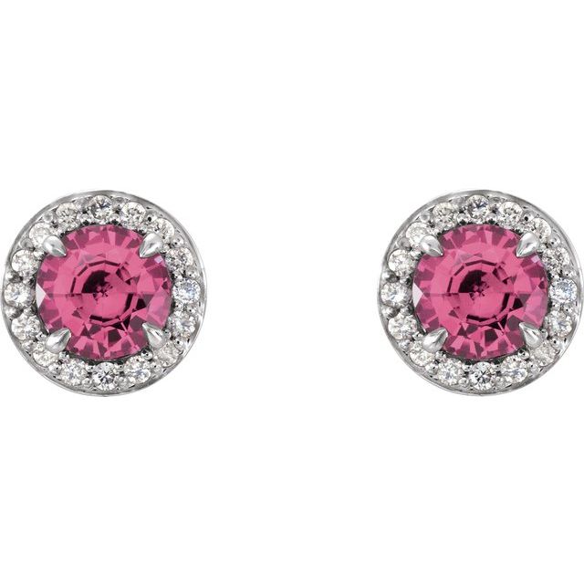 14k White 4 Mm Natural Pink Tourmaline & 1/10 Ctw Natural Diamond Earrings
