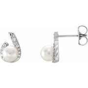 14k White Cultured White Freshwater Pearl & 1/10 Ctw Natural Diamond Earrings