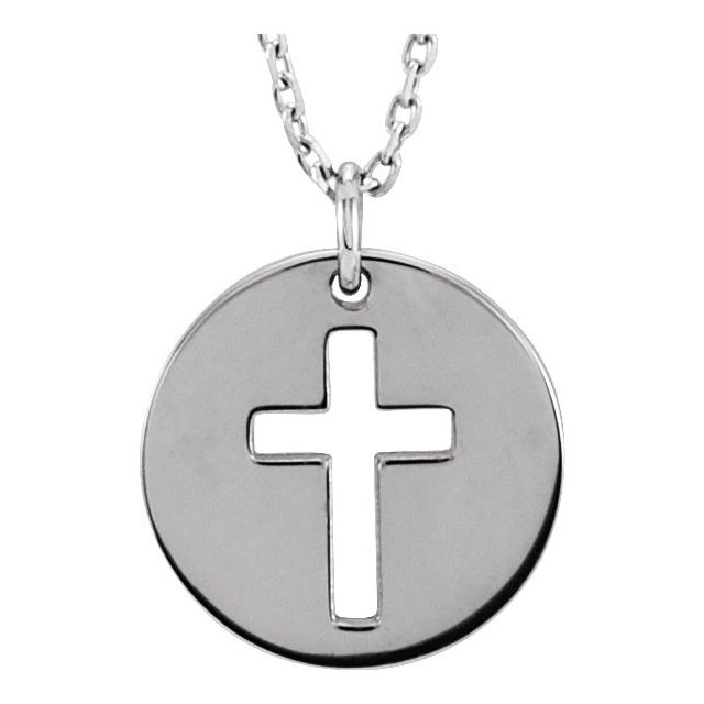 14k White Pierced Cross Disc 16-18' Necklace