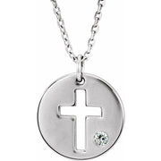 Sterling Silver Imitiation Diamond Pierced Cross Disc 16-18' Necklace