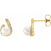 14k Yellow Cultured White Freshwater Pearl & 1/10 Ctw Natural Diamond Earrings