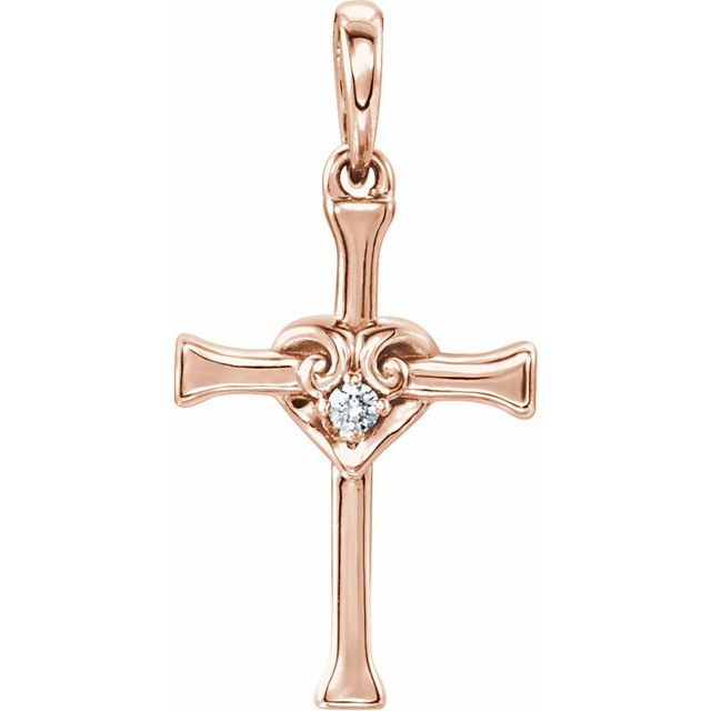 14k Rose .025 Ct Natural Diamond Heart & Cross Pendant