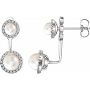 14k White Cultured White Freshwater Pearl & 1/5 Ctw Natural Diamond Halo-style Earrings