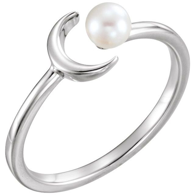 Sterling Silver Cultured White Freshwater Pearl Crescent Moon Ring