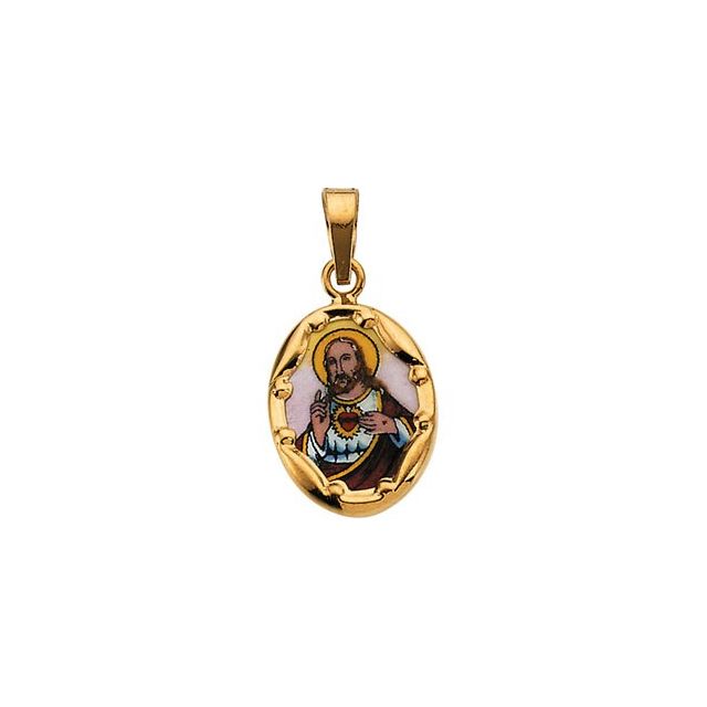 14K Yellow 13x10 mm Sacred Heart of Jesus Hand-Painted Porcelain Pendant
