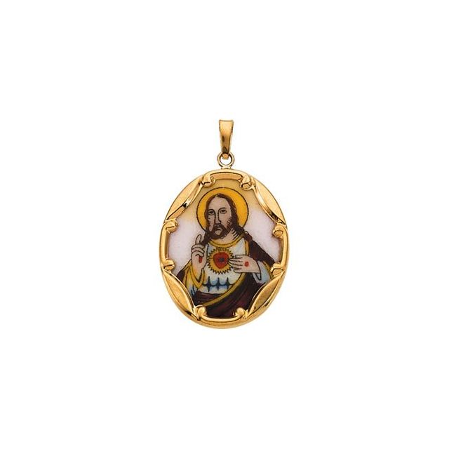 14K Yellow 25x19.5 mm Sacred Heart of Jesus Hand-Painted Porcelain Pendant