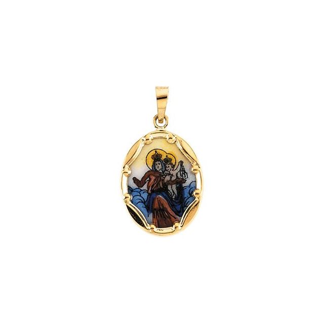14K Yellow 17x13.5 mm Oval Hand Painted Porcelain Scapular Medal