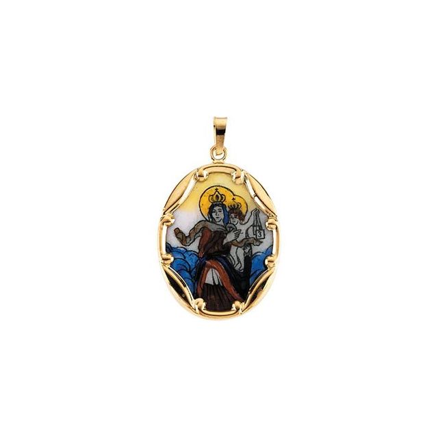 14K Yellow 25x19.5 mm Oval Hand Painted Porcelain Scapular Medal