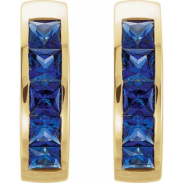 14k Yellow Lab-grown Blue Sapphire Hoop Earrings