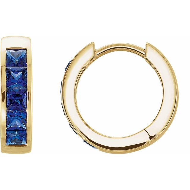 14k Yellow Lab-grown Blue Sapphire Hoop Earrings