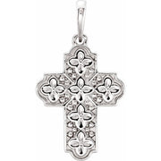 14k White Ornate Floral-inspired Cross Pendant